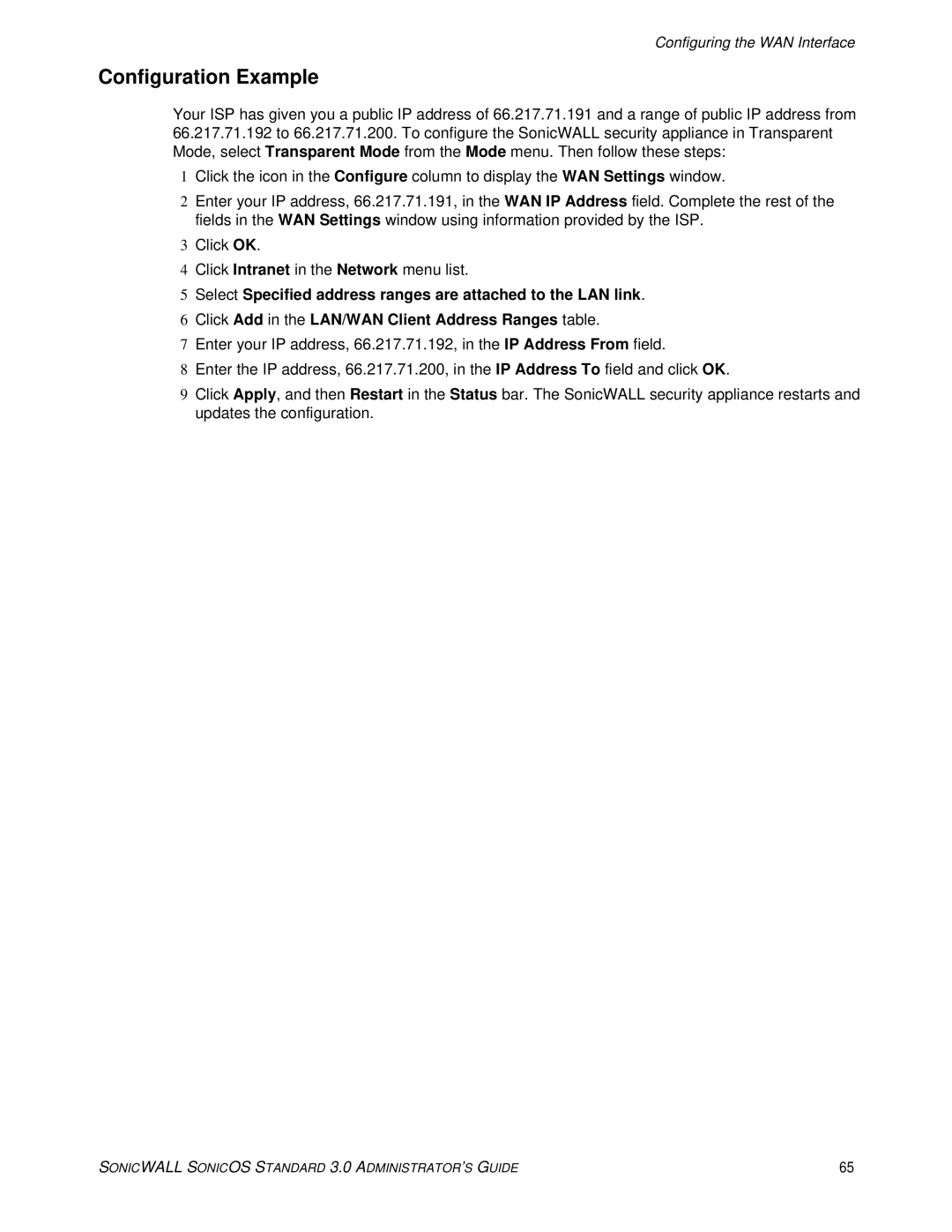 SonicWALL 3 manual Configuration Example, Configuring the WAN Interface 