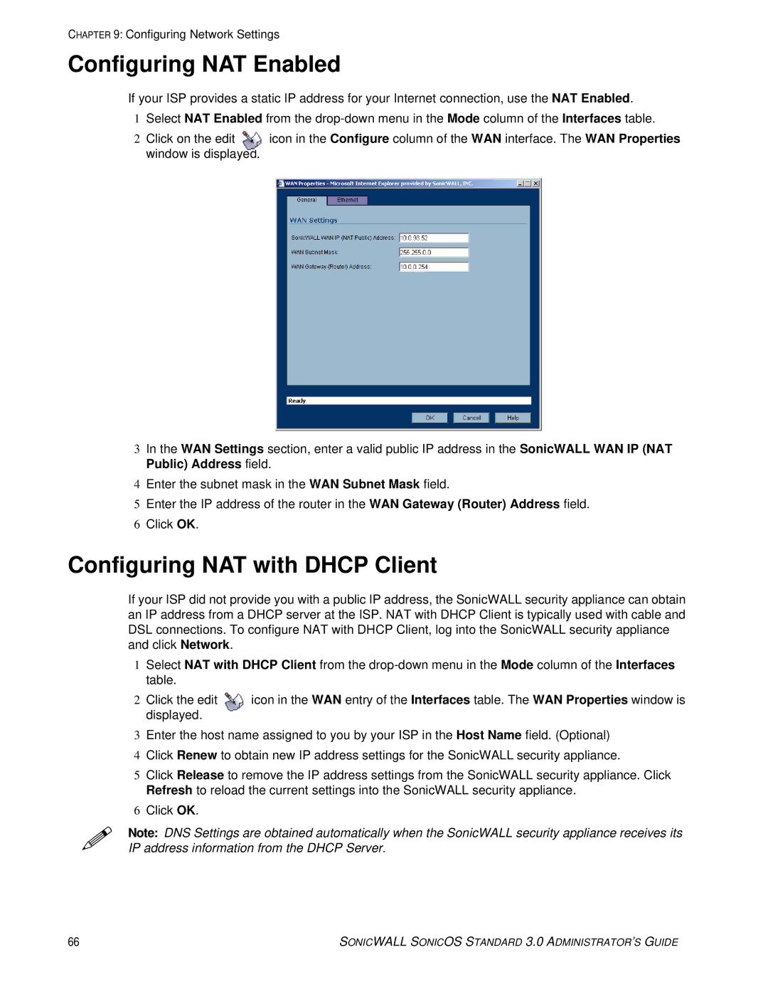 SonicWALL 3 manual Configuring NAT Enabled, Configuring NAT with Dhcp Client 