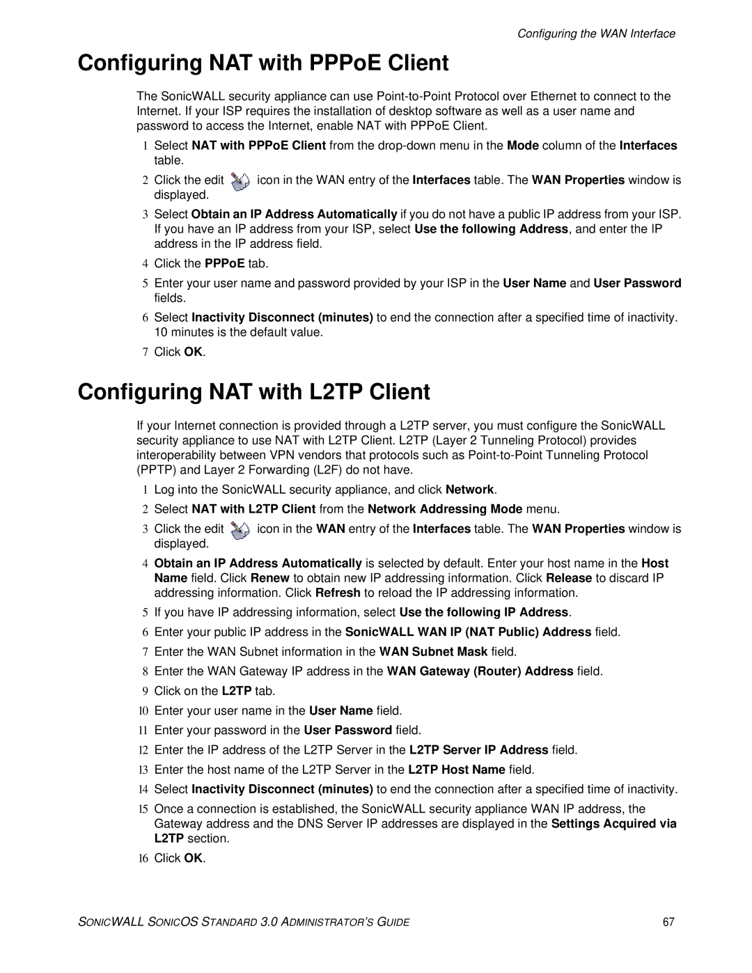 SonicWALL 3 manual Configuring NAT with PPPoE Client, Configuring NAT with L2TP Client 