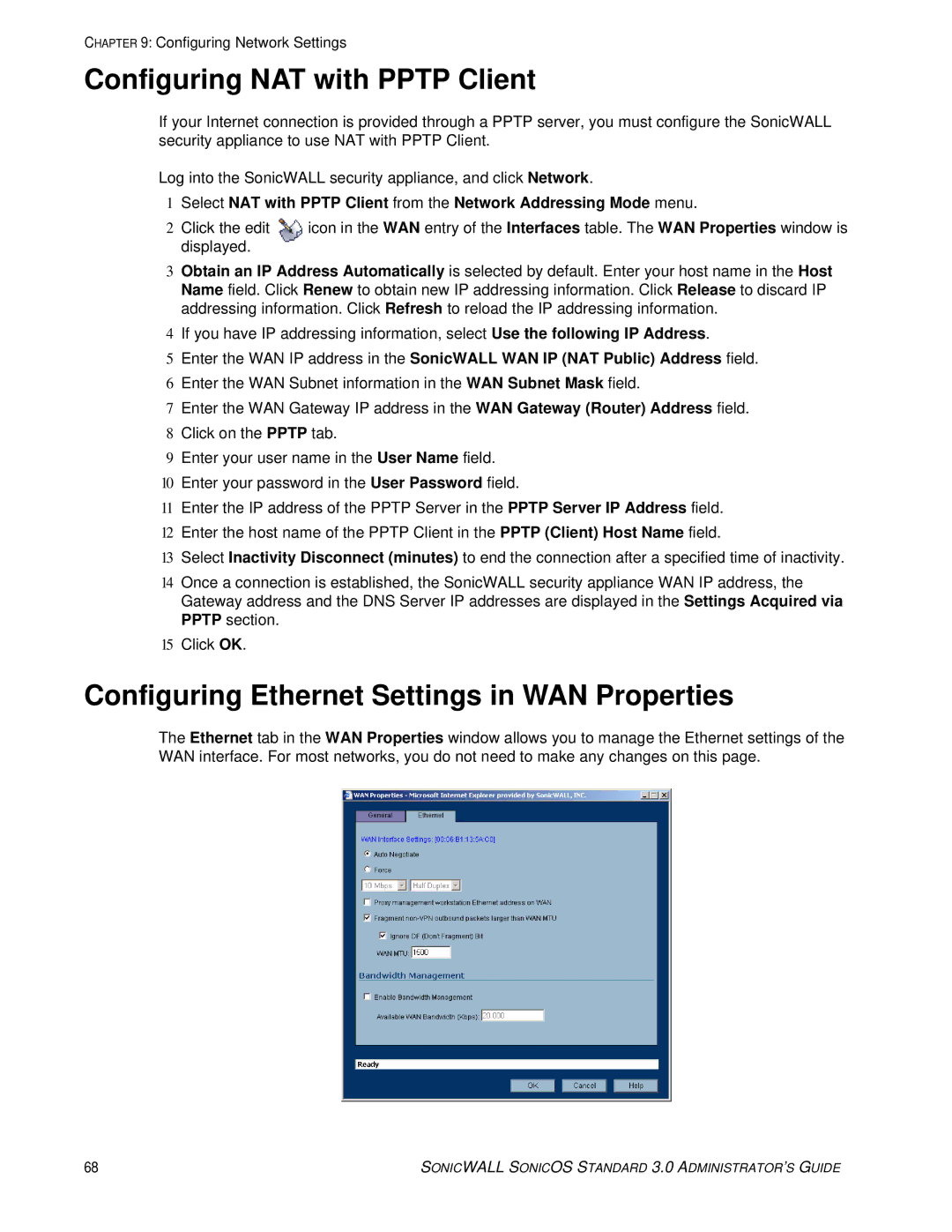 SonicWALL 3 manual Configuring NAT with Pptp Client, Configuring Ethernet Settings in WAN Properties 