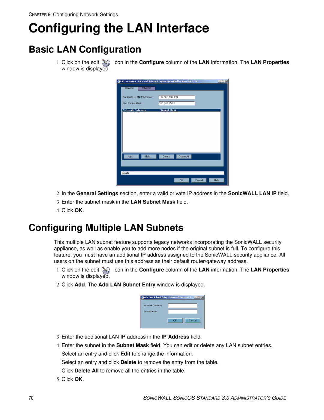 SonicWALL 3 manual Configuring the LAN Interface, Basic LAN Configuration, Configuring Multiple LAN Subnets 