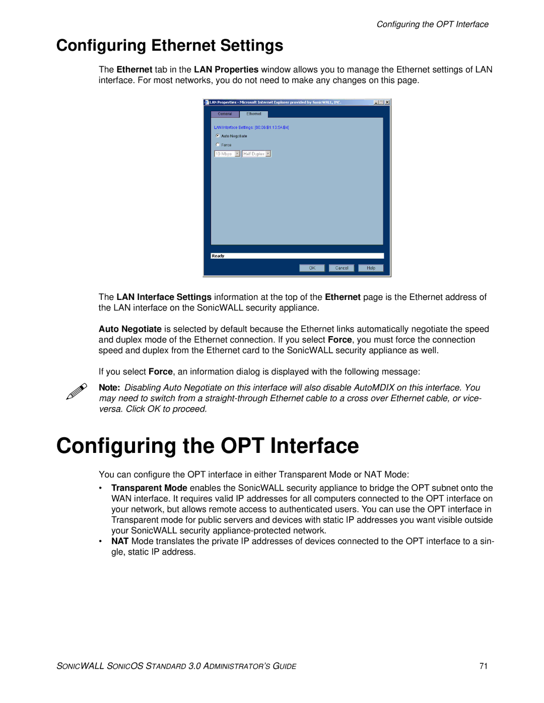 SonicWALL 3 manual Configuring the OPT Interface, Configuring Ethernet Settings 