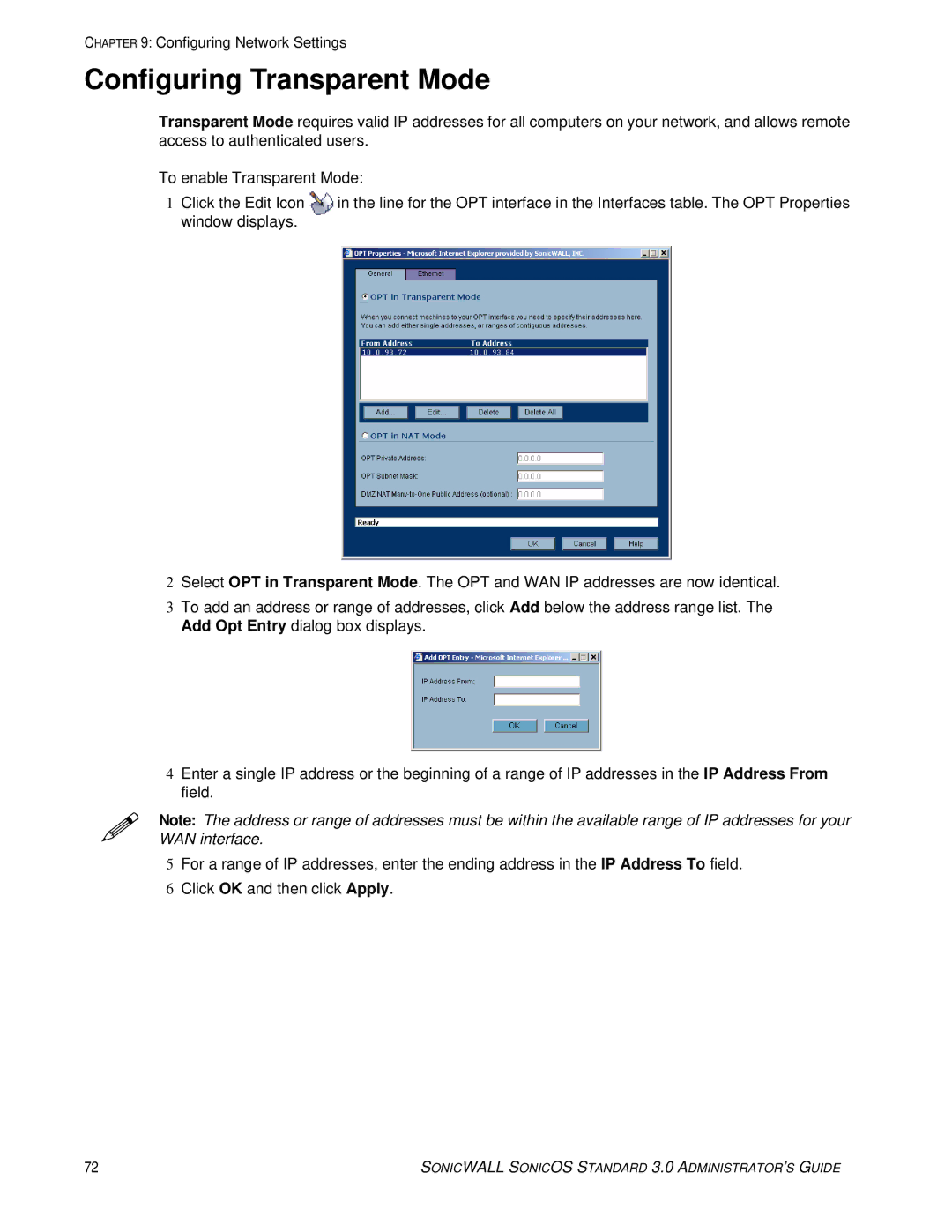 SonicWALL 3 manual Configuring Transparent Mode 