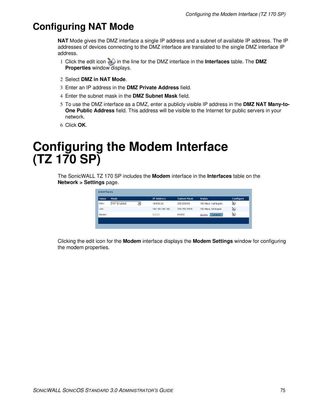 SonicWALL 3 manual Configuring the Modem Interface TZ 170 SP, Select DMZ in NAT Mode 