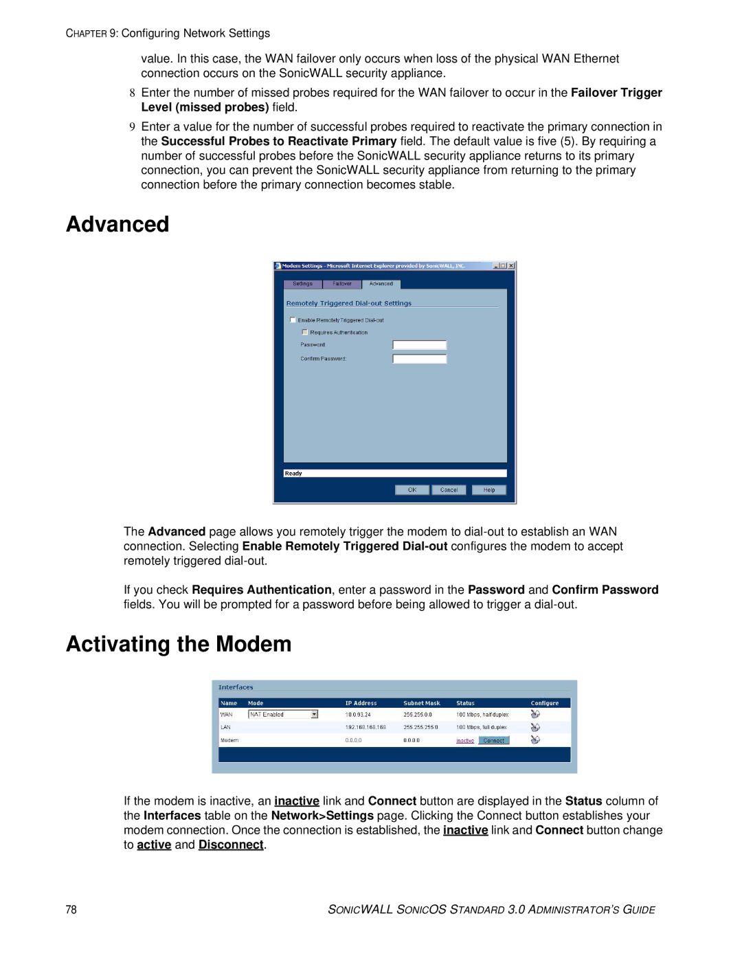 SonicWALL 3 manual Advanced, Activating the Modem 