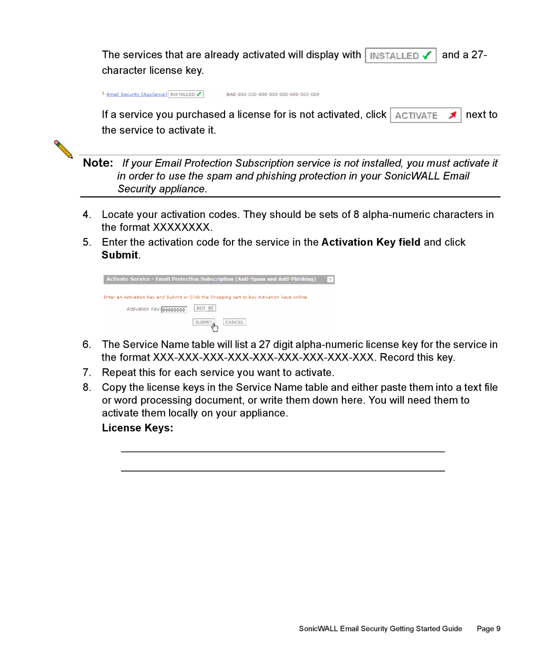 SonicWALL 300 manual License Keys 