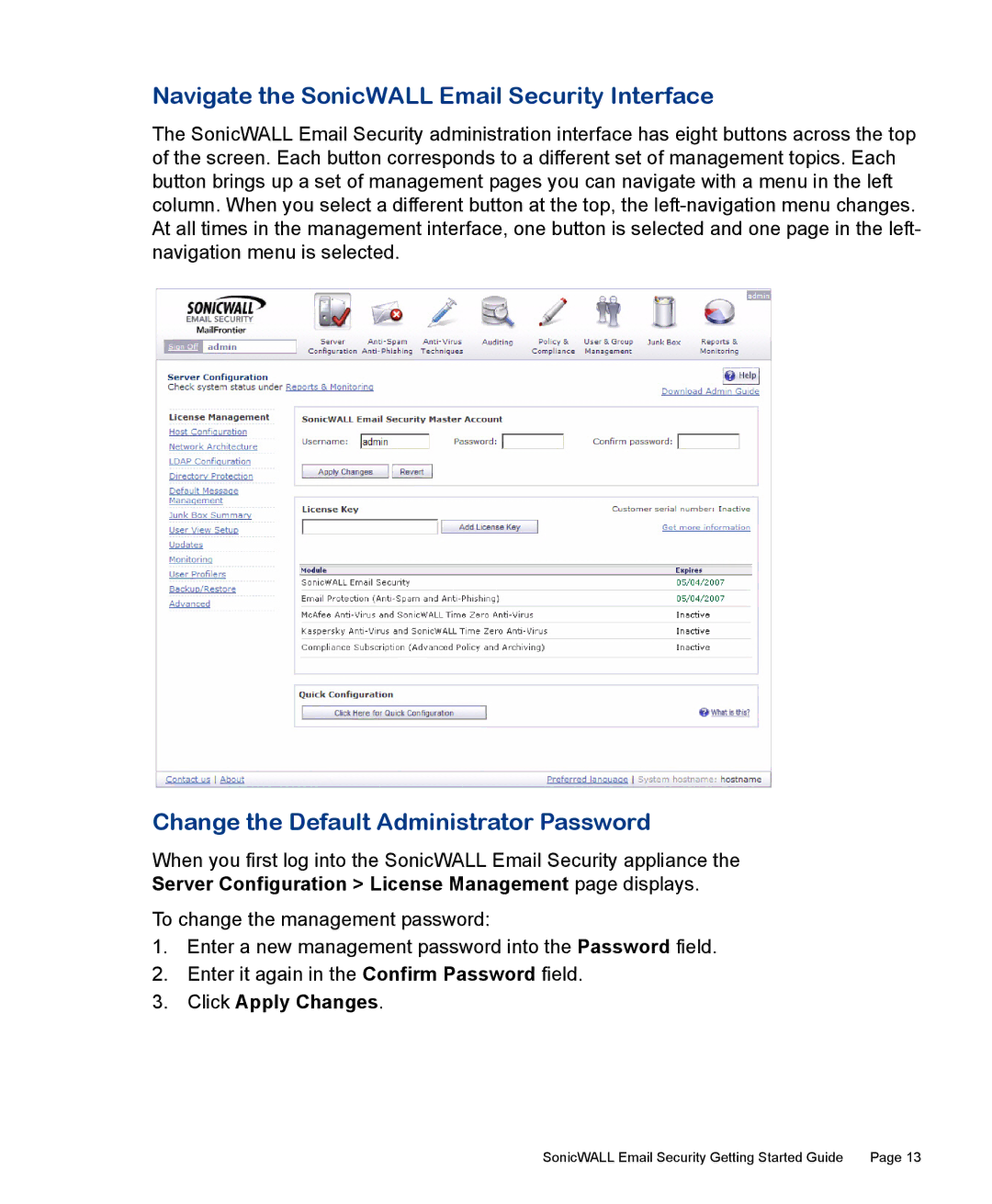 SonicWALL 300 manual Navigate the SonicWALL Email Security Interface, Change the Default Administrator Password 