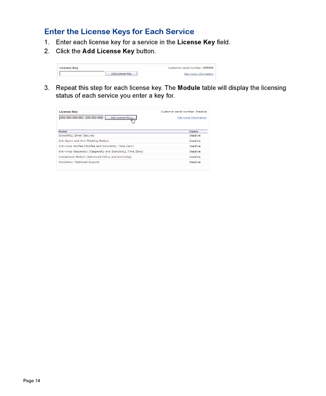 SonicWALL 300 manual Enter the License Keys for Each Service 