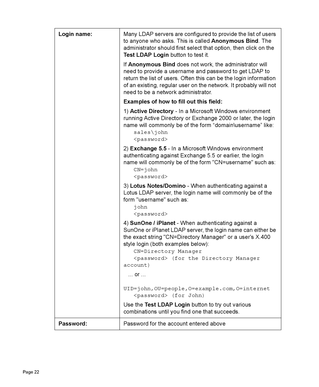 SonicWALL 300 manual Login name, Examples of how to fill out this field 