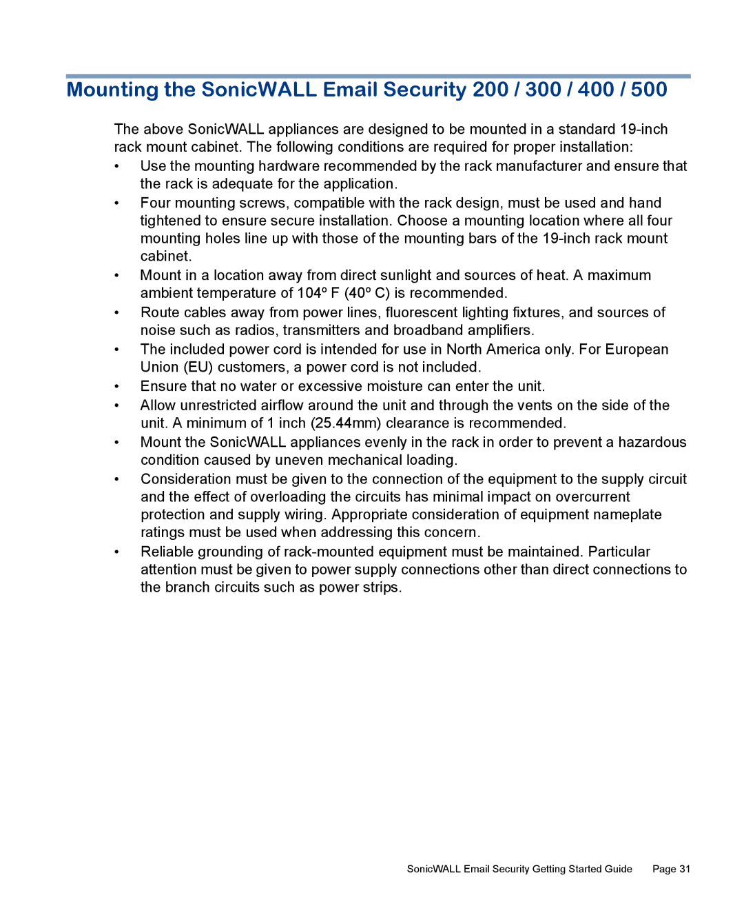 SonicWALL manual Mounting the SonicWALL Email Security 200 / 300 / 400 