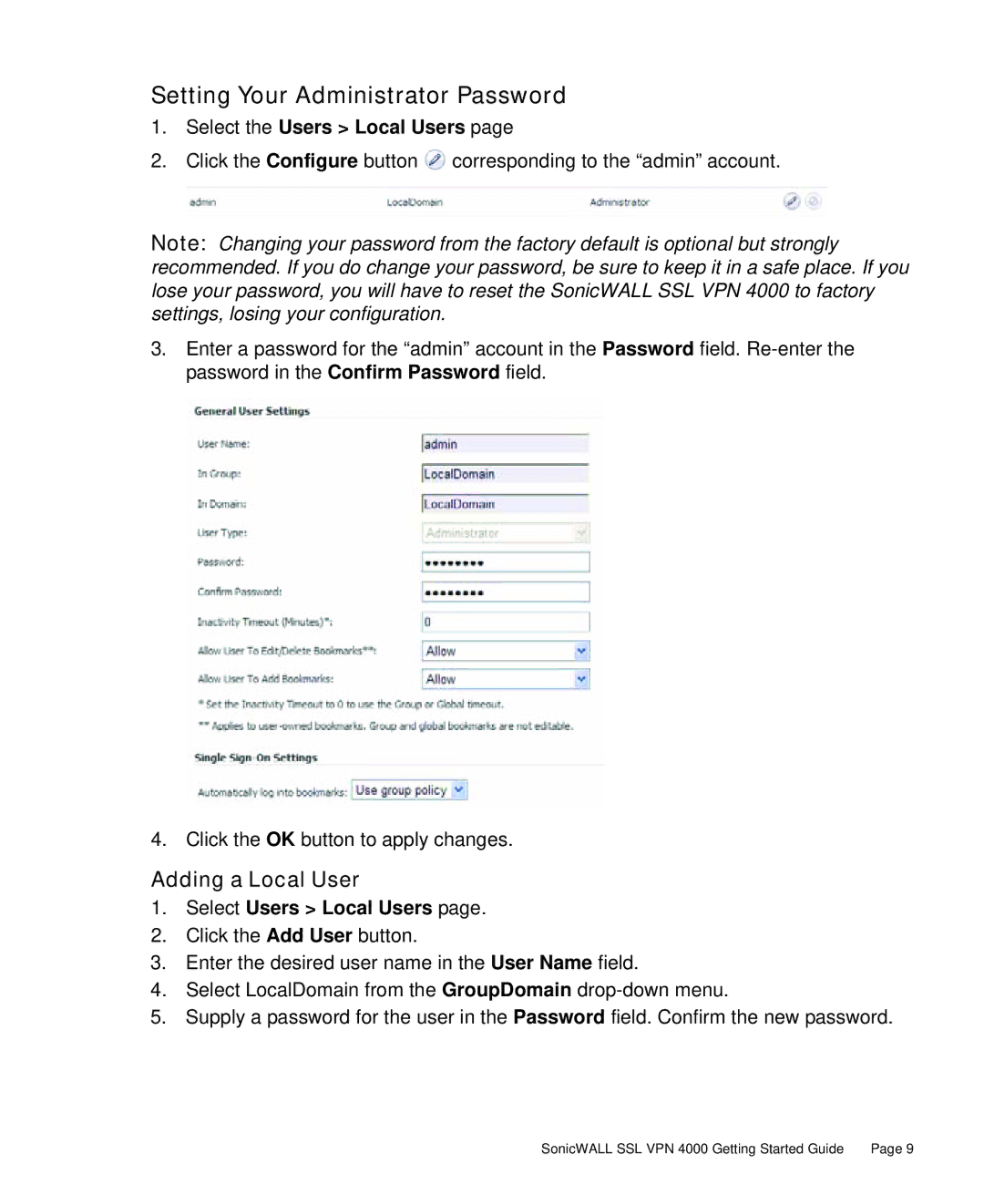 SonicWALL 4000 manual Setting Your Administrator Password, Adding a Local User, Select the Users Local Users 