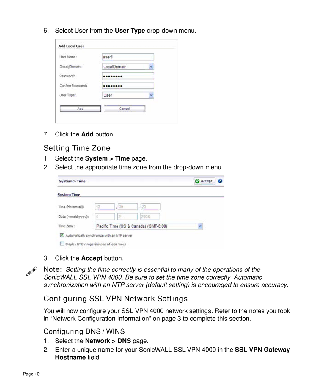 SonicWALL 4000 manual Setting Time Zone, Configuring SSL VPN Network Settings, Configuring DNS / Wins 