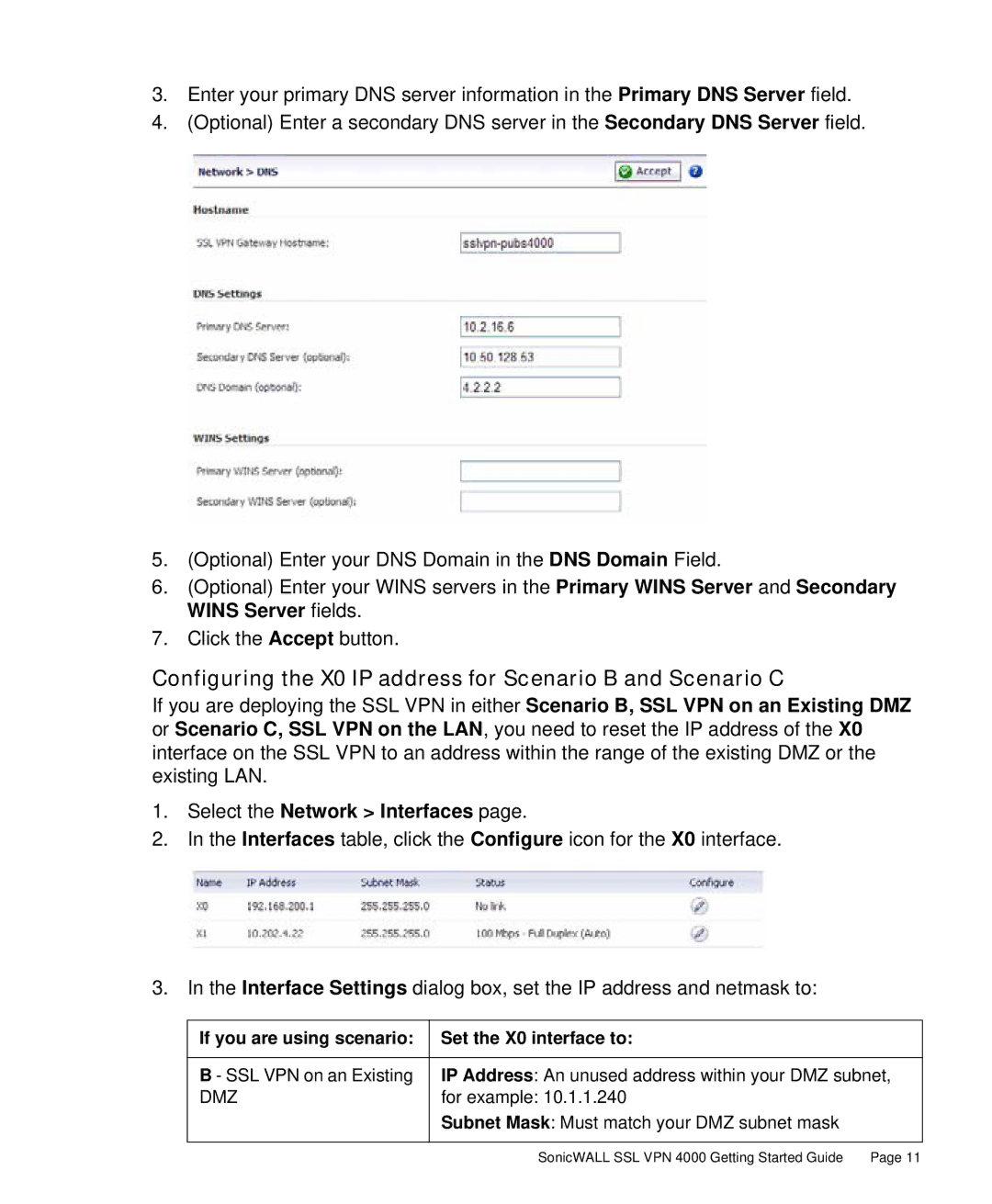 SonicWALL 4000 manual Configuring the X0 IP address for Scenario B and Scenario C, Select the Network Interfaces 