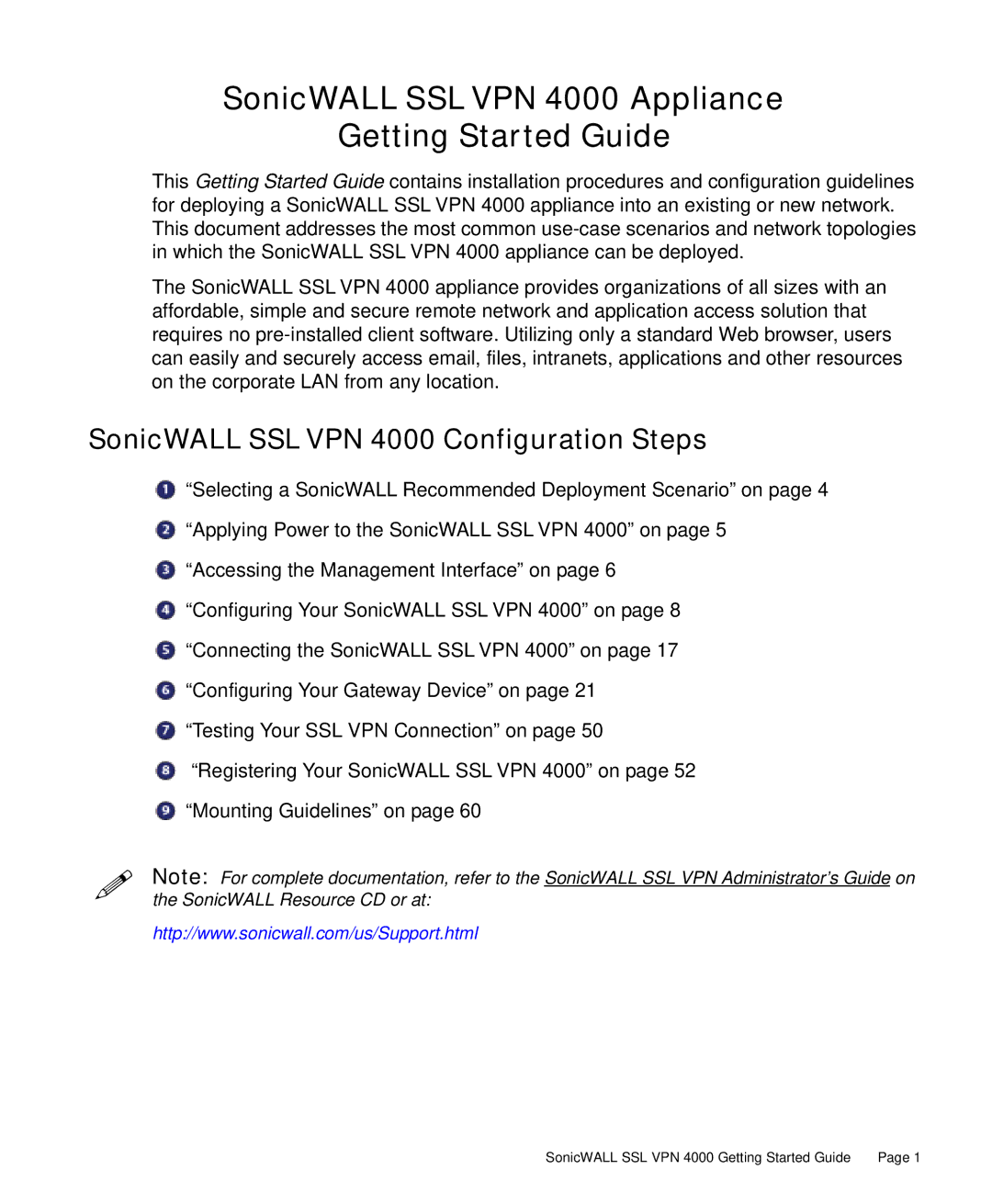 SonicWALL manual SonicWALL Sslvpn 4000 Appliance Getting Started Guide, SonicWALL Sslvpn 4000 Configuration Steps 