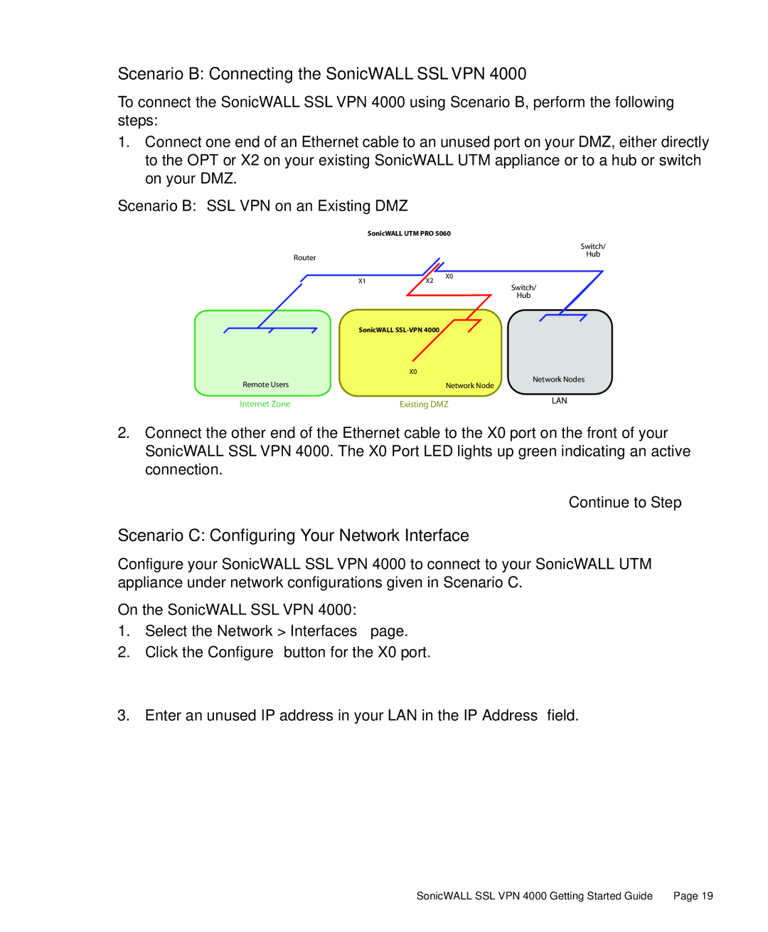 SonicWALL 4000 manual Scenario B Connecting the SonicWALL Sslvpn, Scenario C Configuring Your Network Interface 