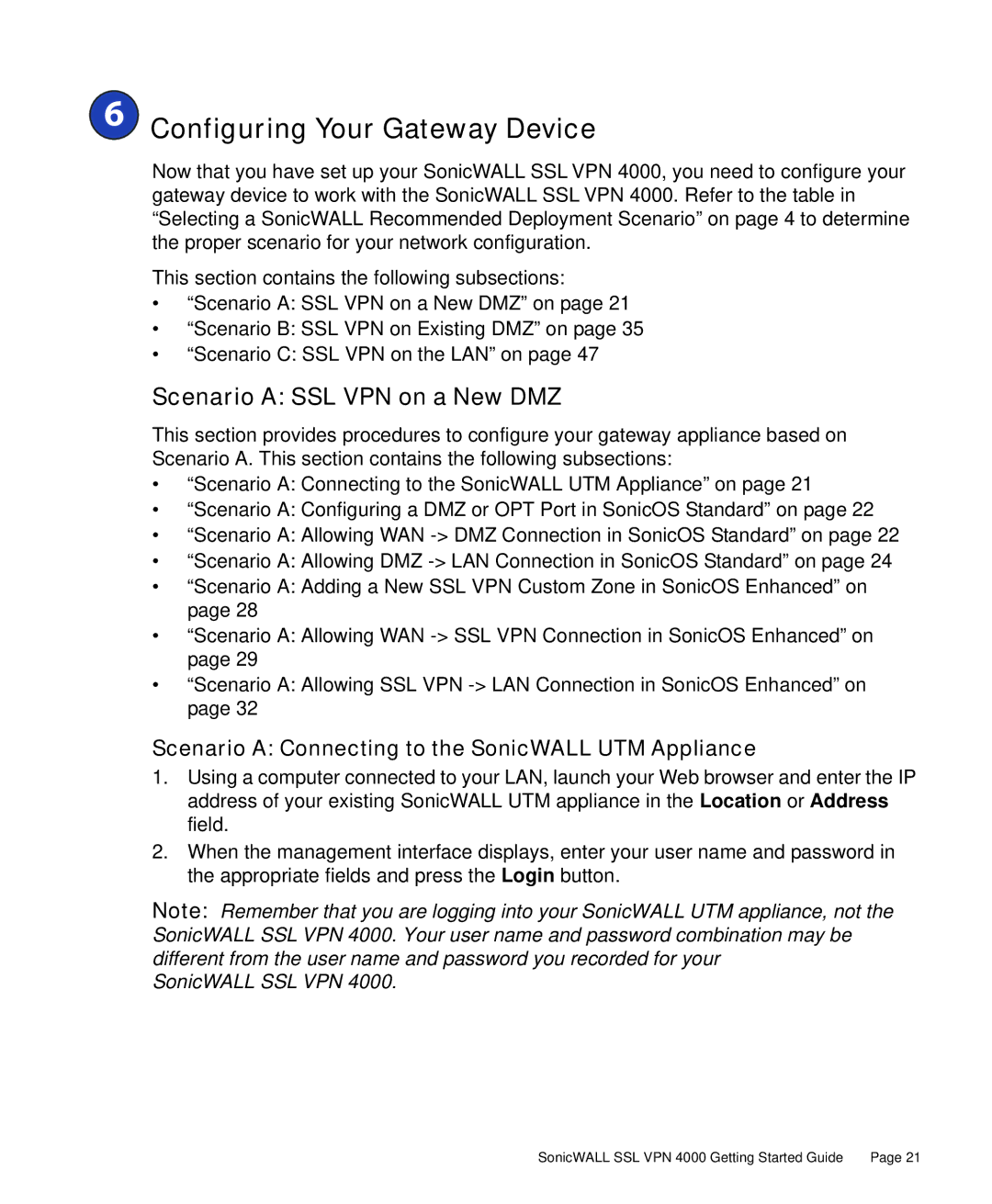 SonicWALL 4000 manual  Configuring Your Gateway Device, Scenario a SSL VPN on a New DMZ 