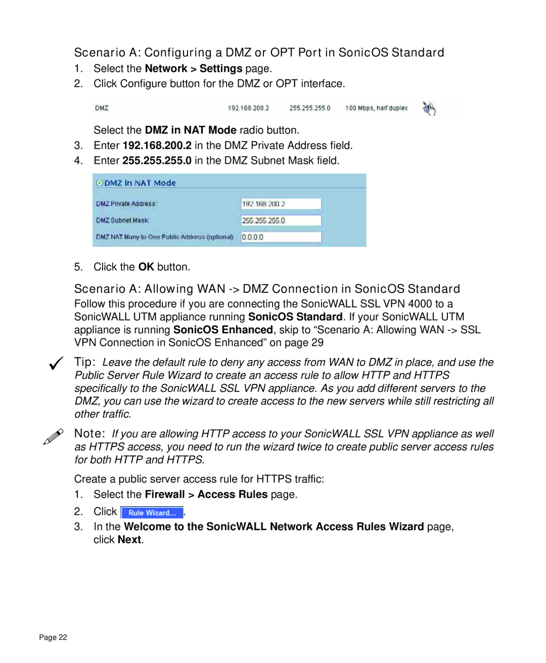 SonicWALL 4000 manual Scenario a Allowing WAN DMZ Connection in SonicOS Standard, Select the Network Settings 