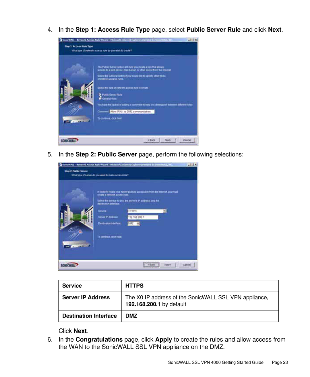 SonicWALL 4000 manual Public Server page, perform the following selections 