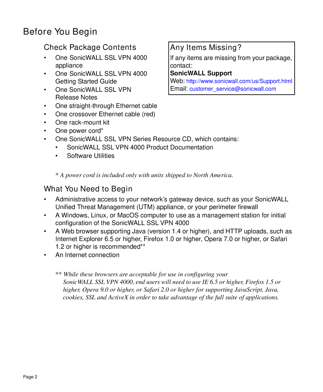 SonicWALL 4000 manual Before You Begin, Check Package Contents Any Items Missing?, What You Need to Begin 