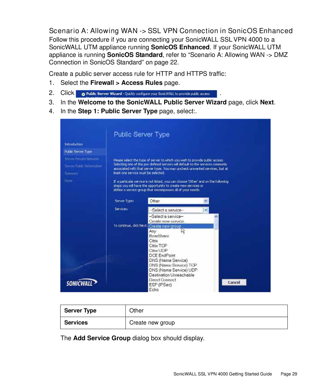 SonicWALL 4000 manual Add Service Group dialog box should display 