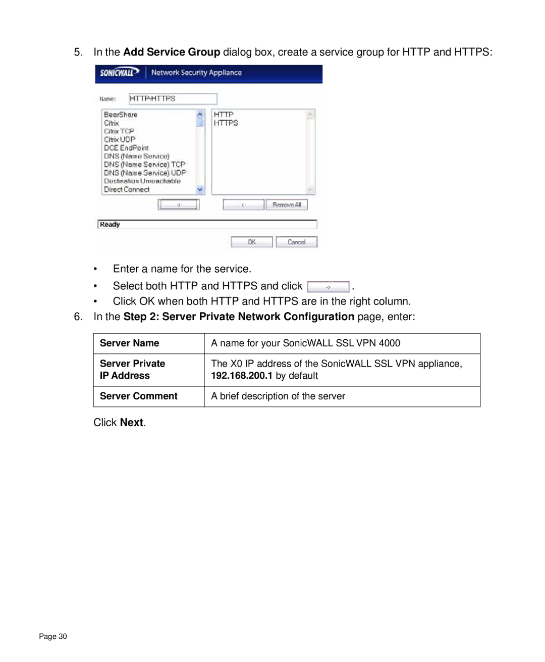 SonicWALL 4000 manual Server Private Network Configuration page, enter 