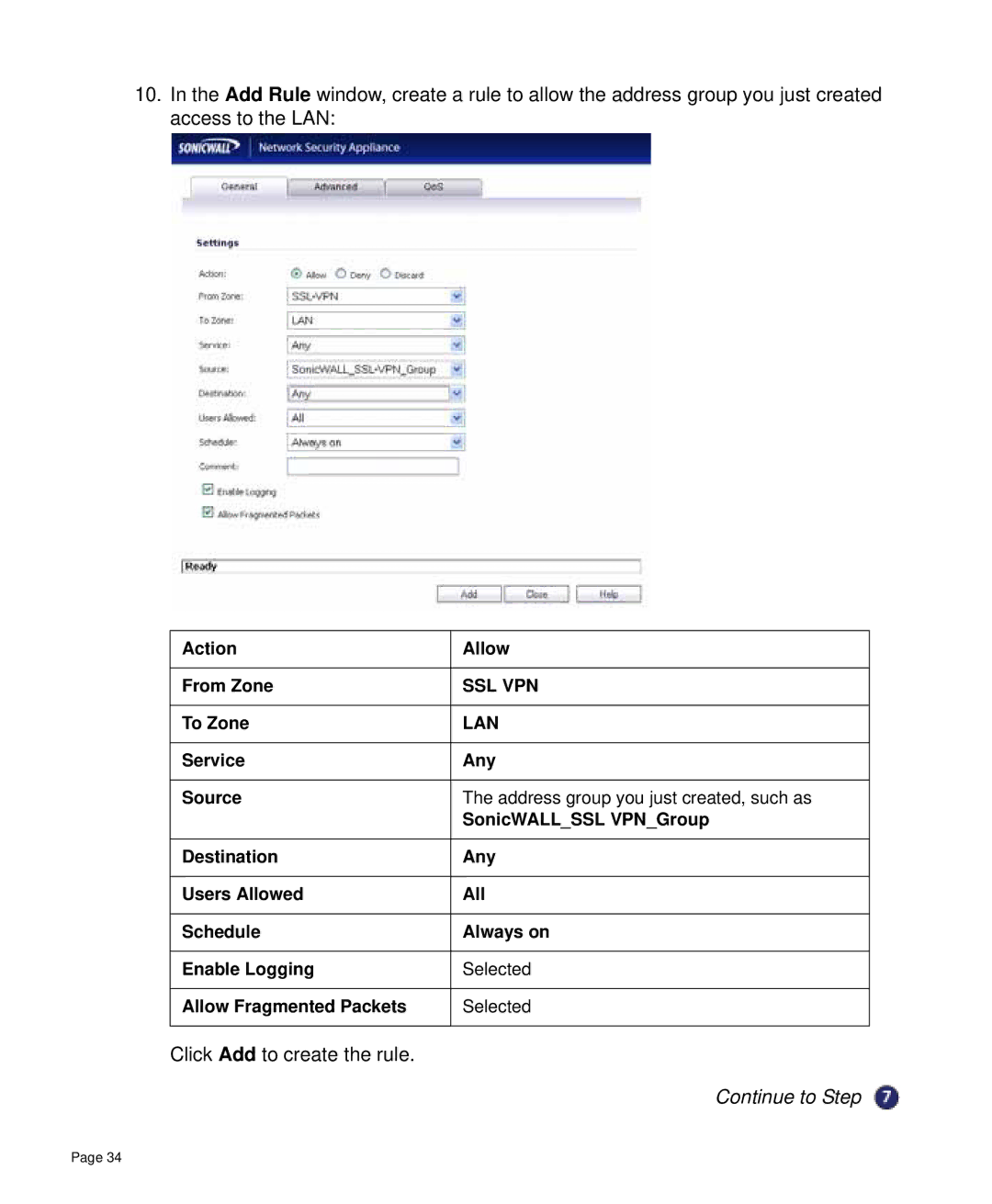 SonicWALL 4000 manual Click Add to create the rule 