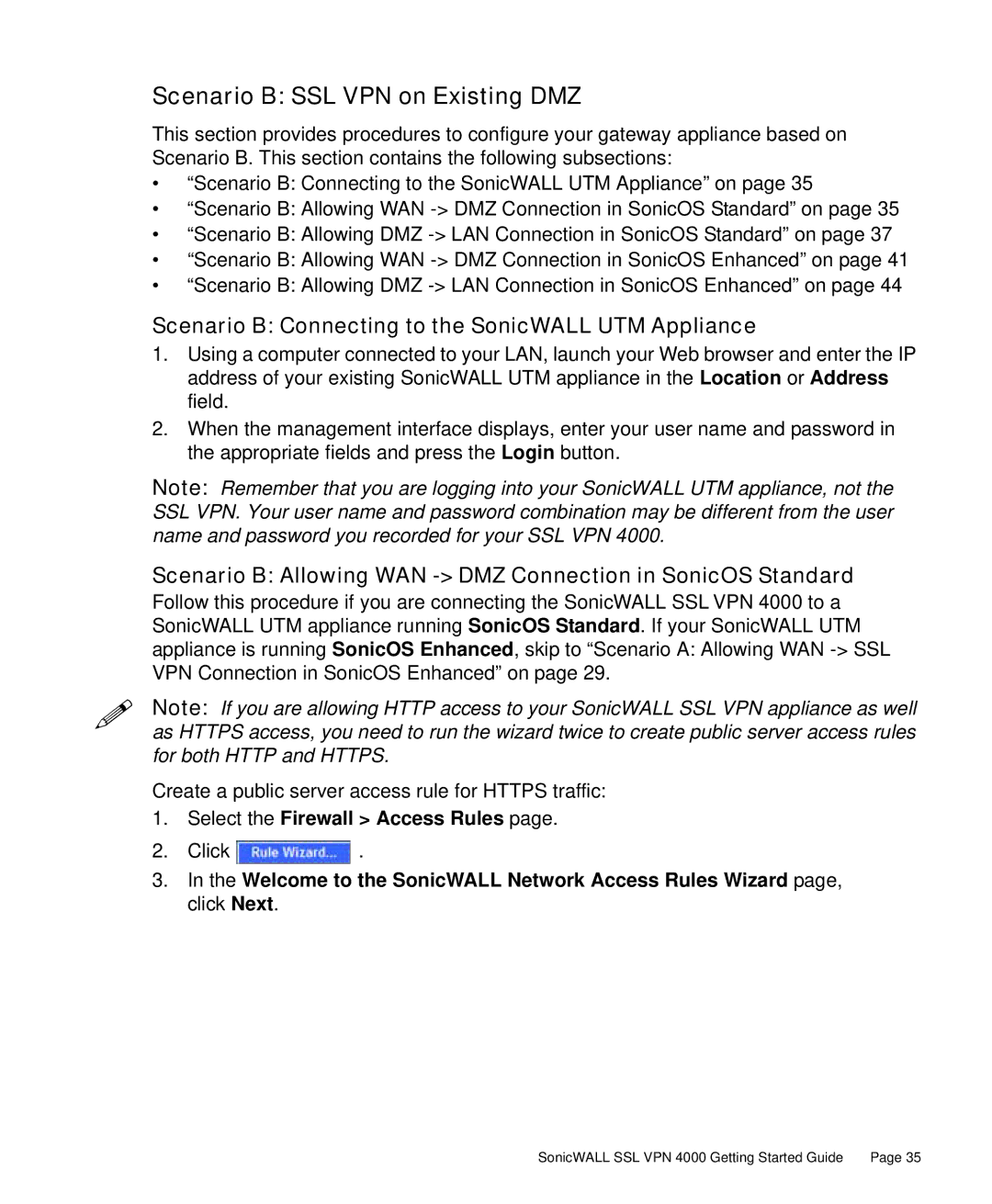 SonicWALL 4000 manual Scenario B SSL VPN on Existing DMZ, Scenario B Connecting to the SonicWALL UTM Appliance 