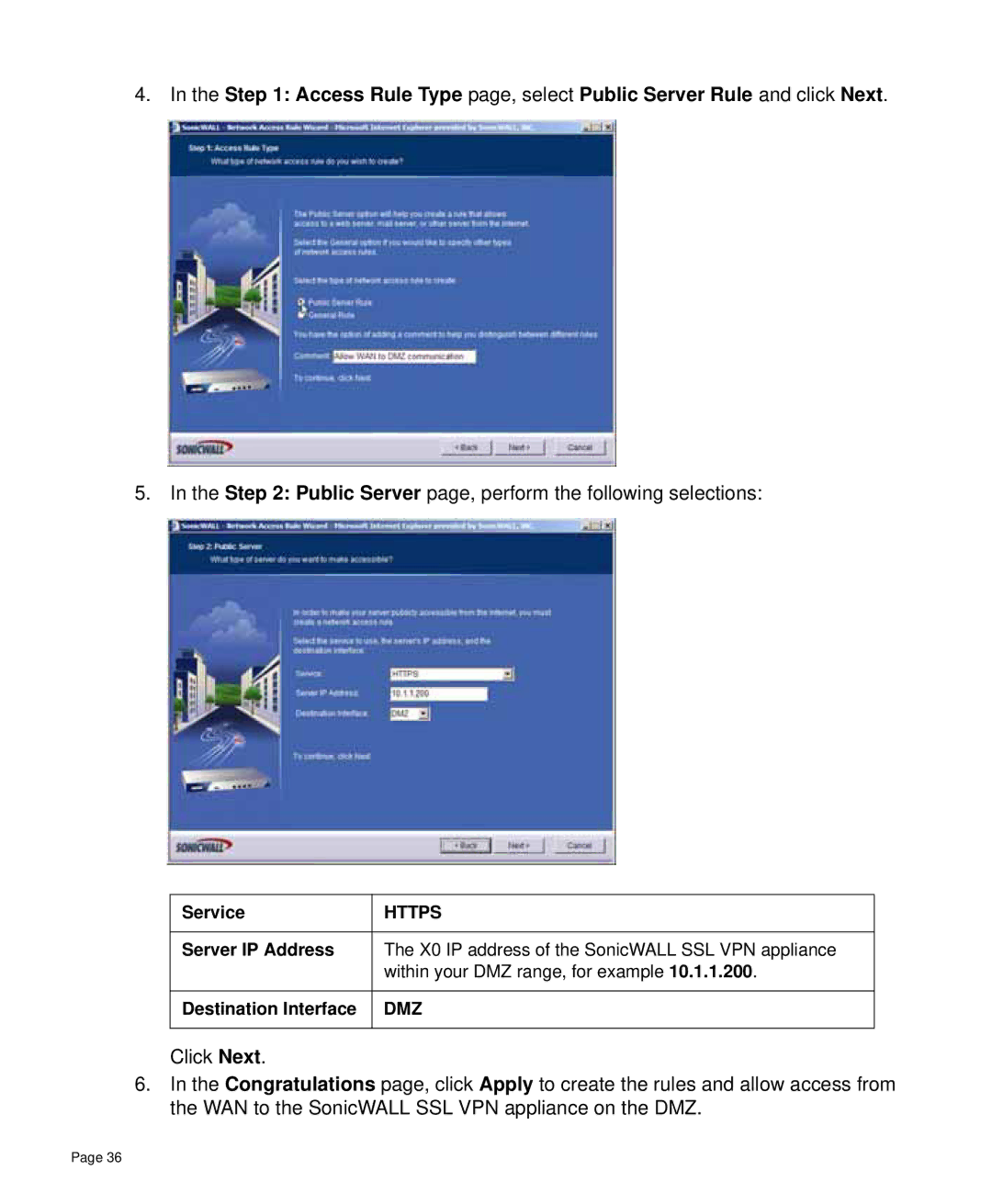 SonicWALL 4000 manual Public Server page, perform the following selections 