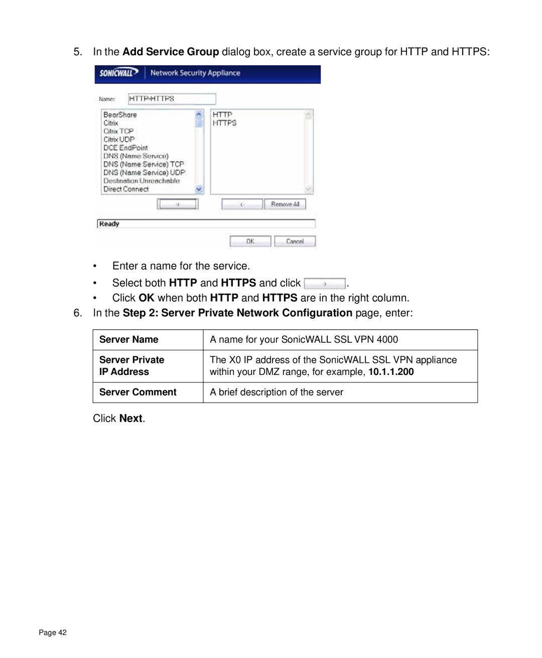 SonicWALL 4000 manual Server Private Network Configuration page, enter 