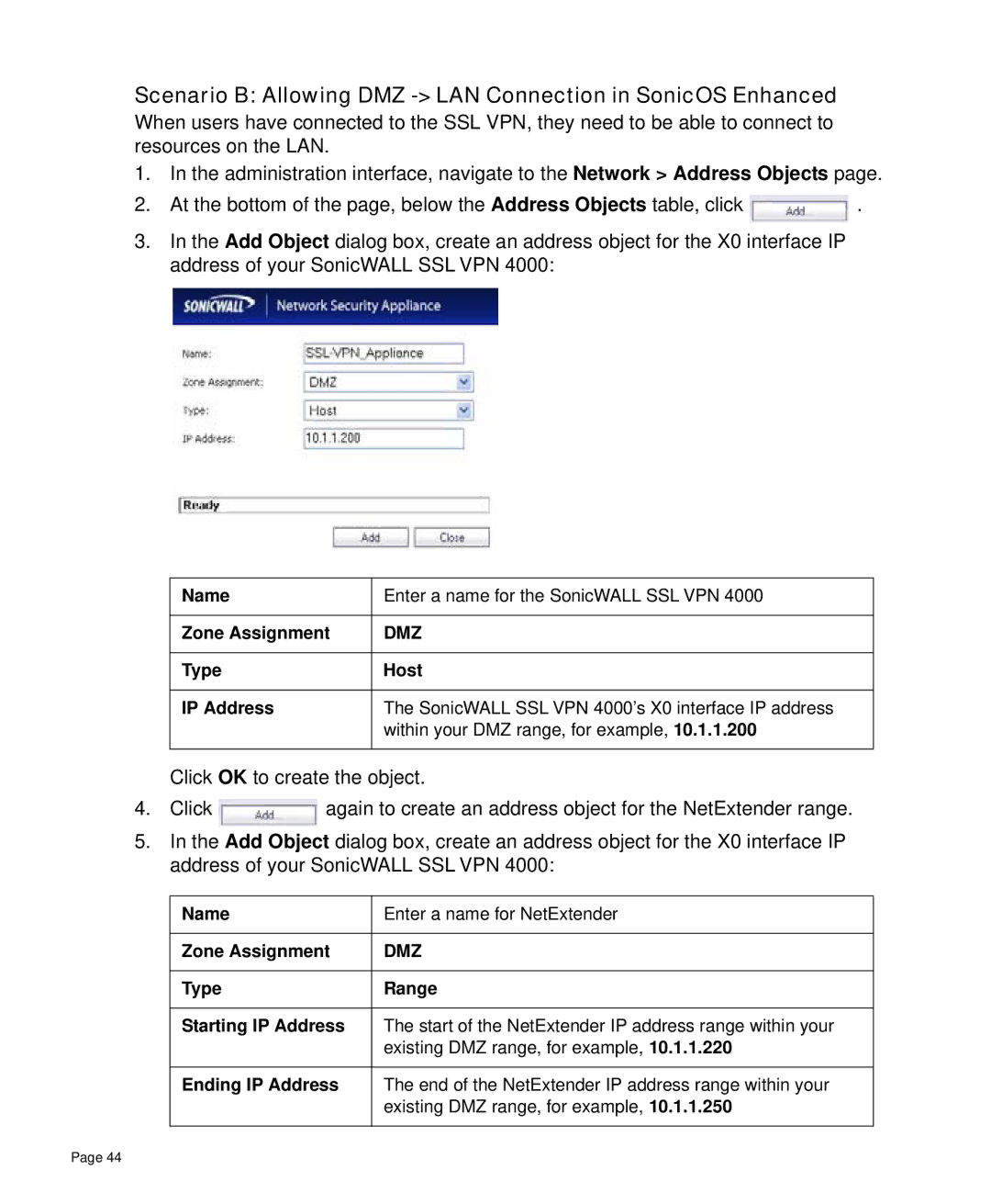 SonicWALL 4000 manual Scenario B Allowing DMZ LAN Connection in SonicOS Enhanced 