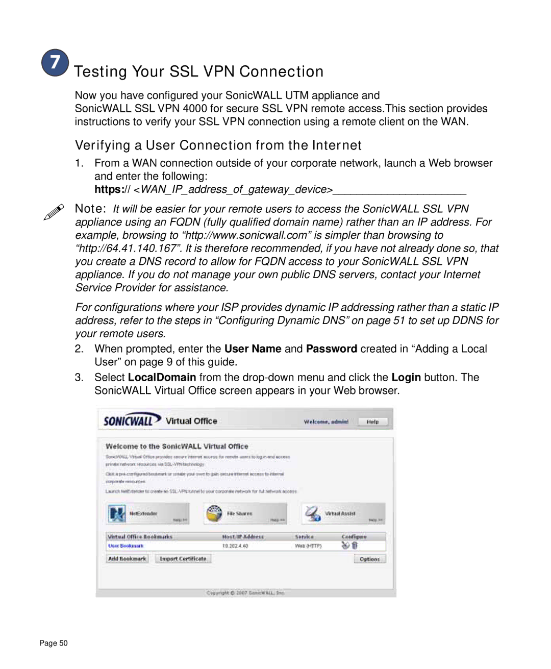 SonicWALL 4000 manual  Testing Your SSL VPN Connection, Verifying a User Connection from the Internet 