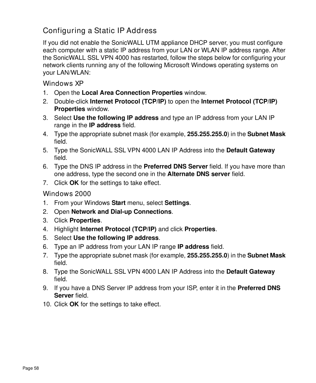 SonicWALL 4000 manual Configuring a Static IP Address, Windows XP 