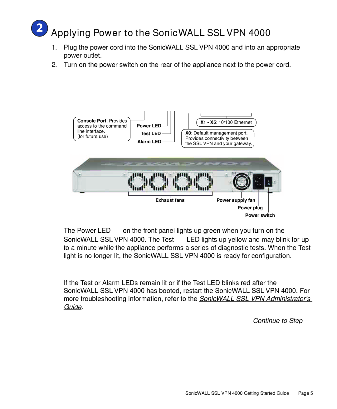 SonicWALL 4000 manual 2 Applying Power to the SonicWALL Sslvpn, Power LED Test LED Alarm LED 