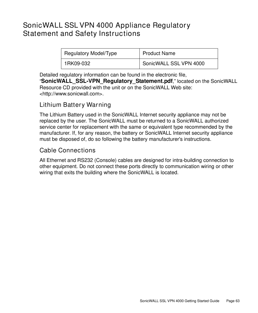 SonicWALL 4000 manual Lithium Battery Warning, Cable Connections 