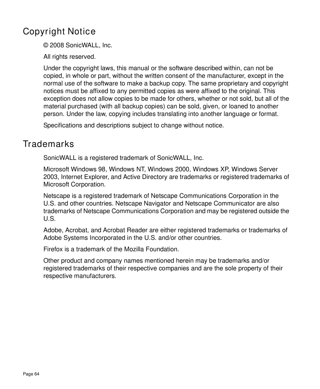 SonicWALL 4000 manual Copyright Notice, Trademarks 