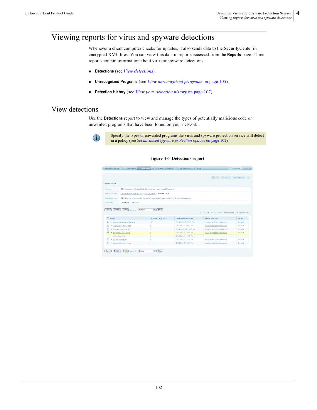 SonicWALL 4.5 manual Viewing reports for virus and spyware detections, View detections, 102 