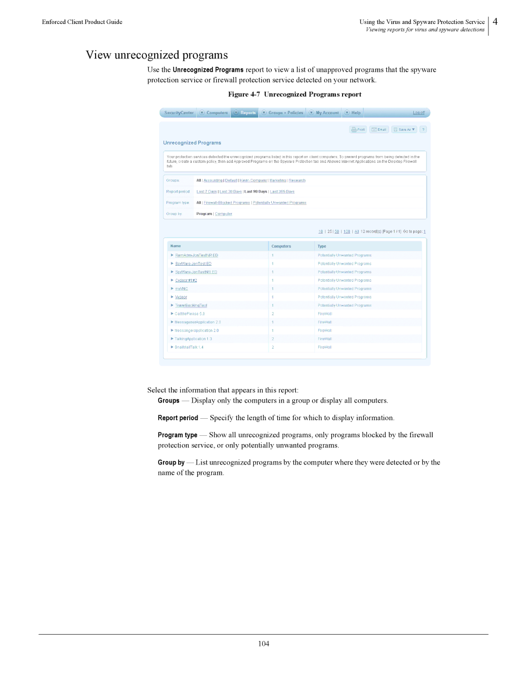 SonicWALL 4.5 manual View unrecognized programs, Unrecognized Programs report 