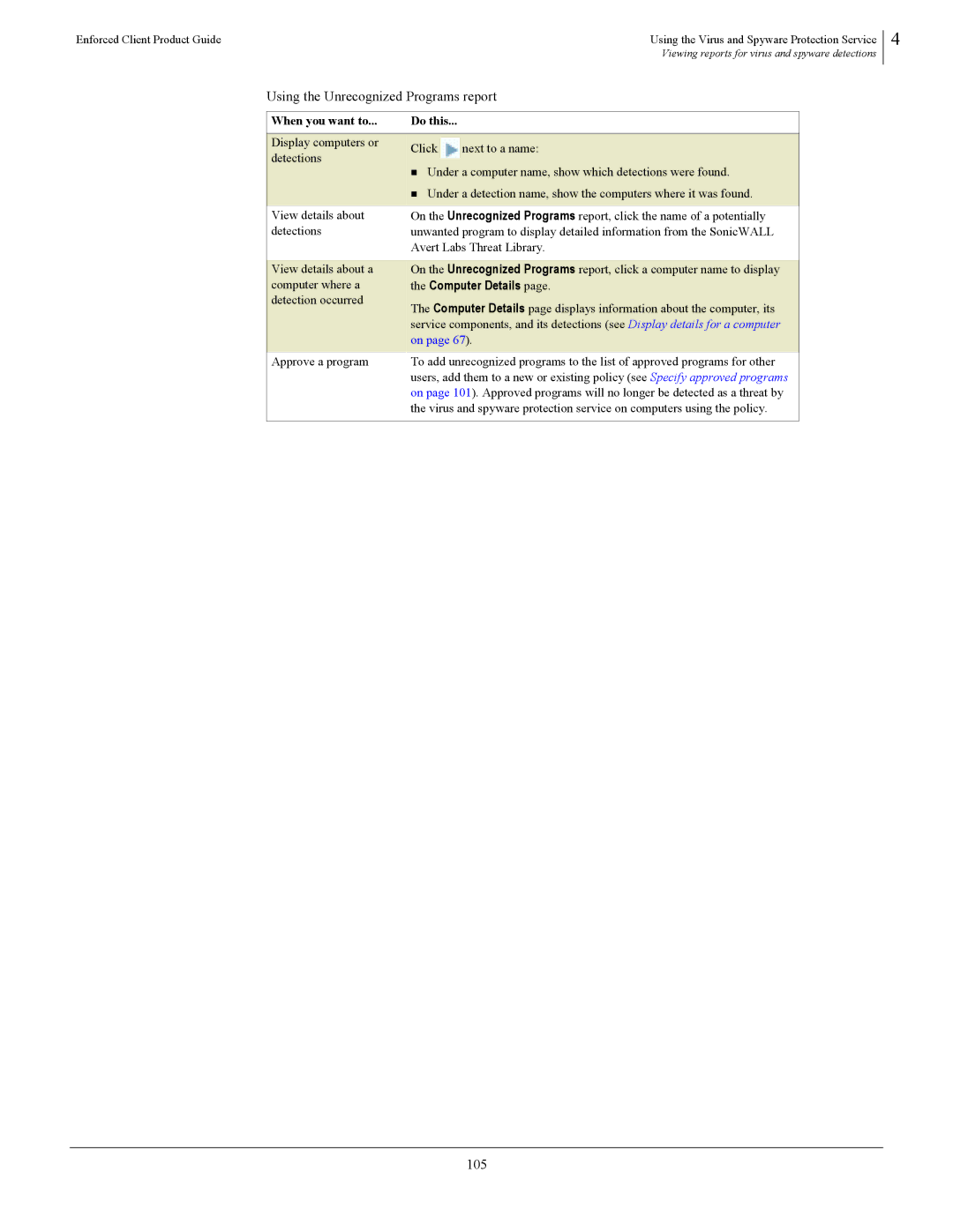 SonicWALL 4.5 Using the Unrecognized Programs report, 105, Avert Labs Threat Library, Computer Details, Approve a program 