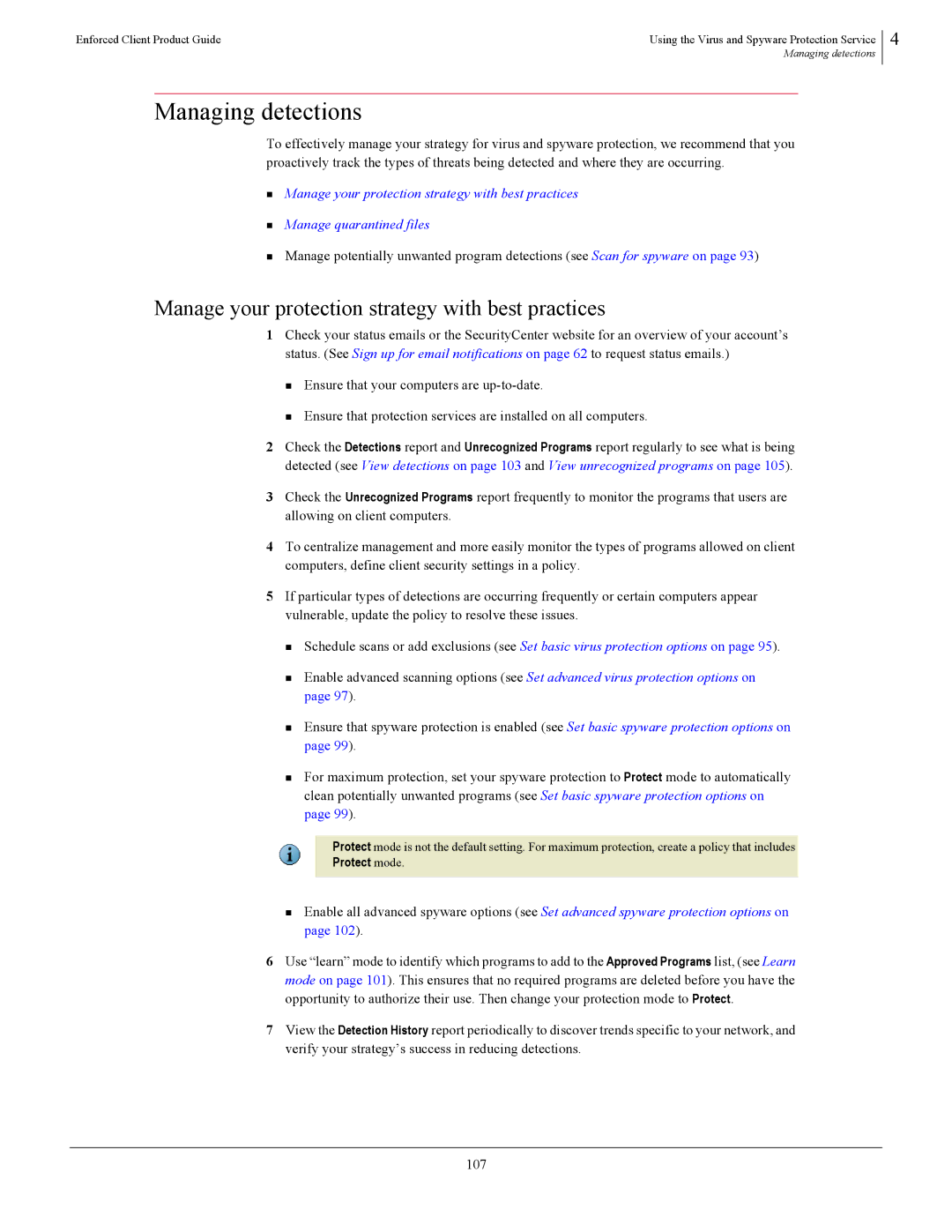 SonicWALL 4.5 manual Managing detections, Manage your protection strategy with best practices, Protect mode 