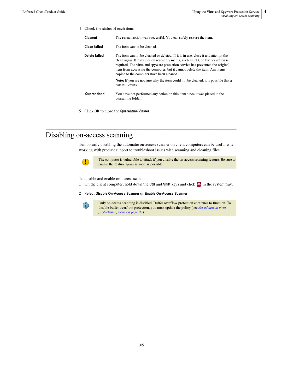 SonicWALL 4.5 Disabling on-access scanning, Check the status of each item, Click OK to close the Quarantine Viewer, 109 