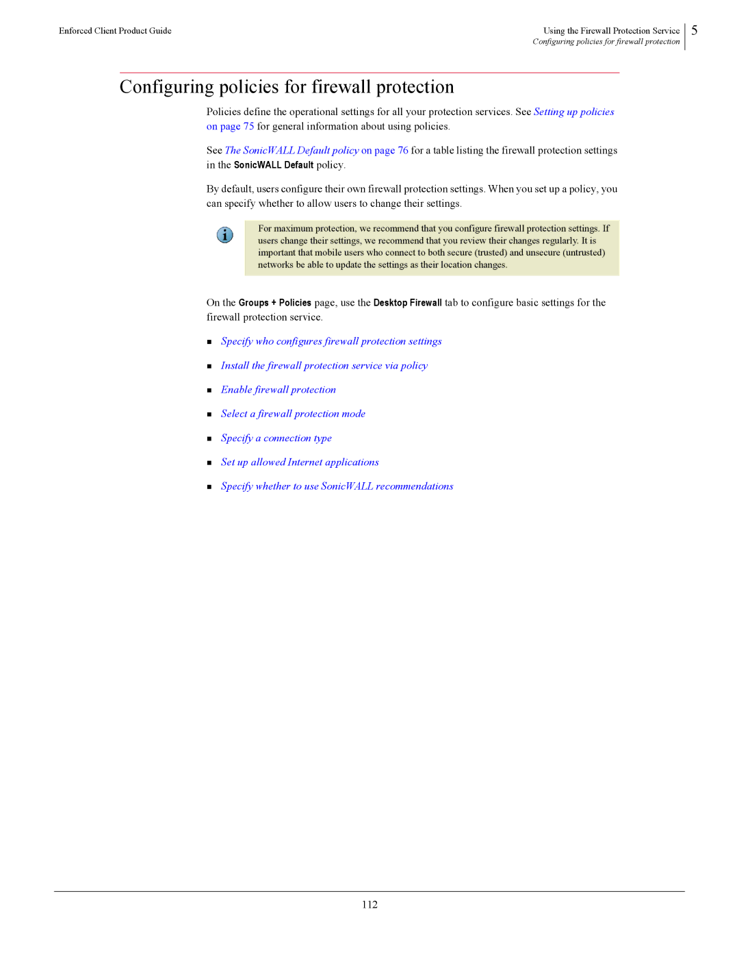 SonicWALL 4.5 manual Configuring policies for firewall protection, 112 
