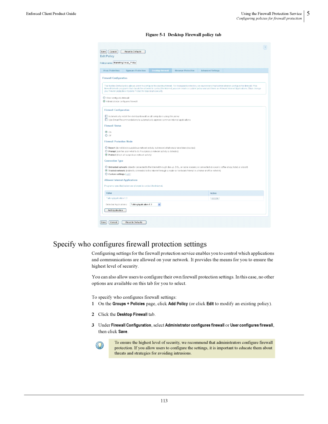 SonicWALL 4.5 manual Specify who configures firewall protection settings, 113 