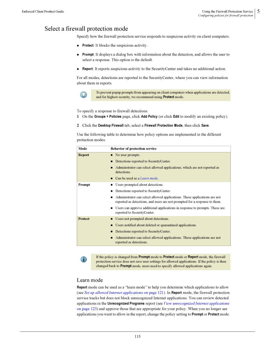 SonicWALL 4.5 manual Select a firewall protection mode, Learn mode, 115, Reported as detections 