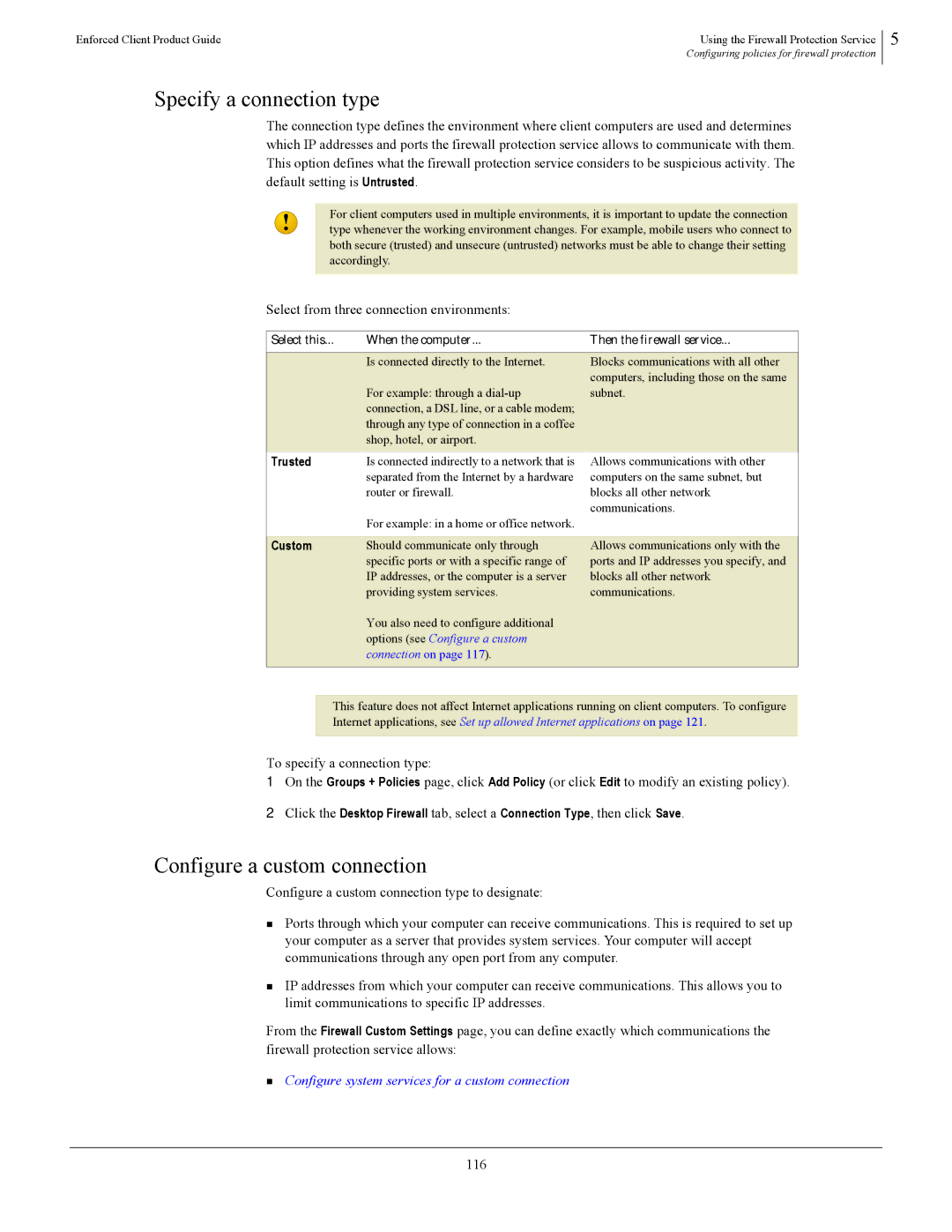 SonicWALL 4.5 Specify a connection type, Configure a custom connection, Select from three connection environments, 116 