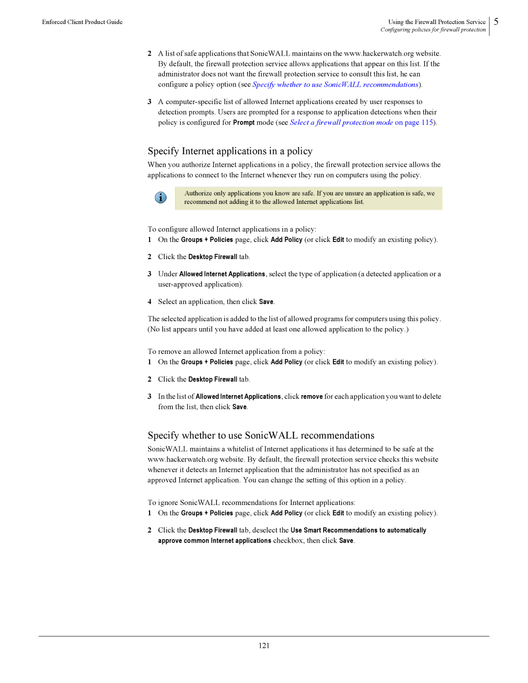 SonicWALL 4.5 manual Specify Internet applications in a policy, Specify whether to use SonicWALL recommendations, 121 