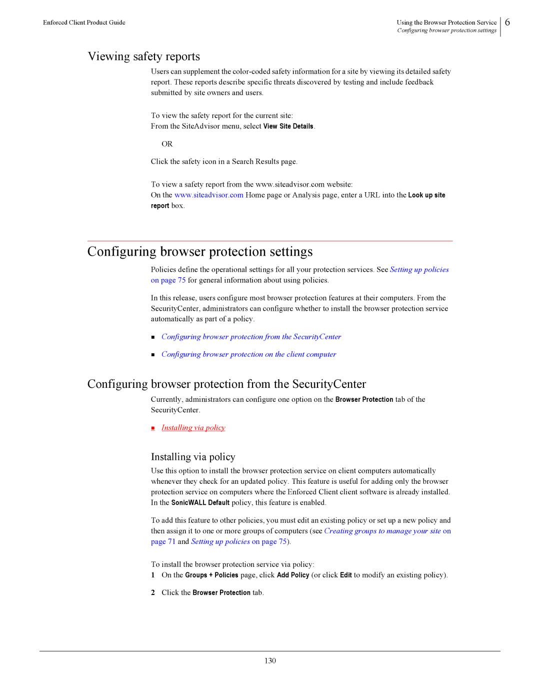 SonicWALL 4.5 manual Configuring browser protection settings, Viewing safety reports, Installing via policy, 130 