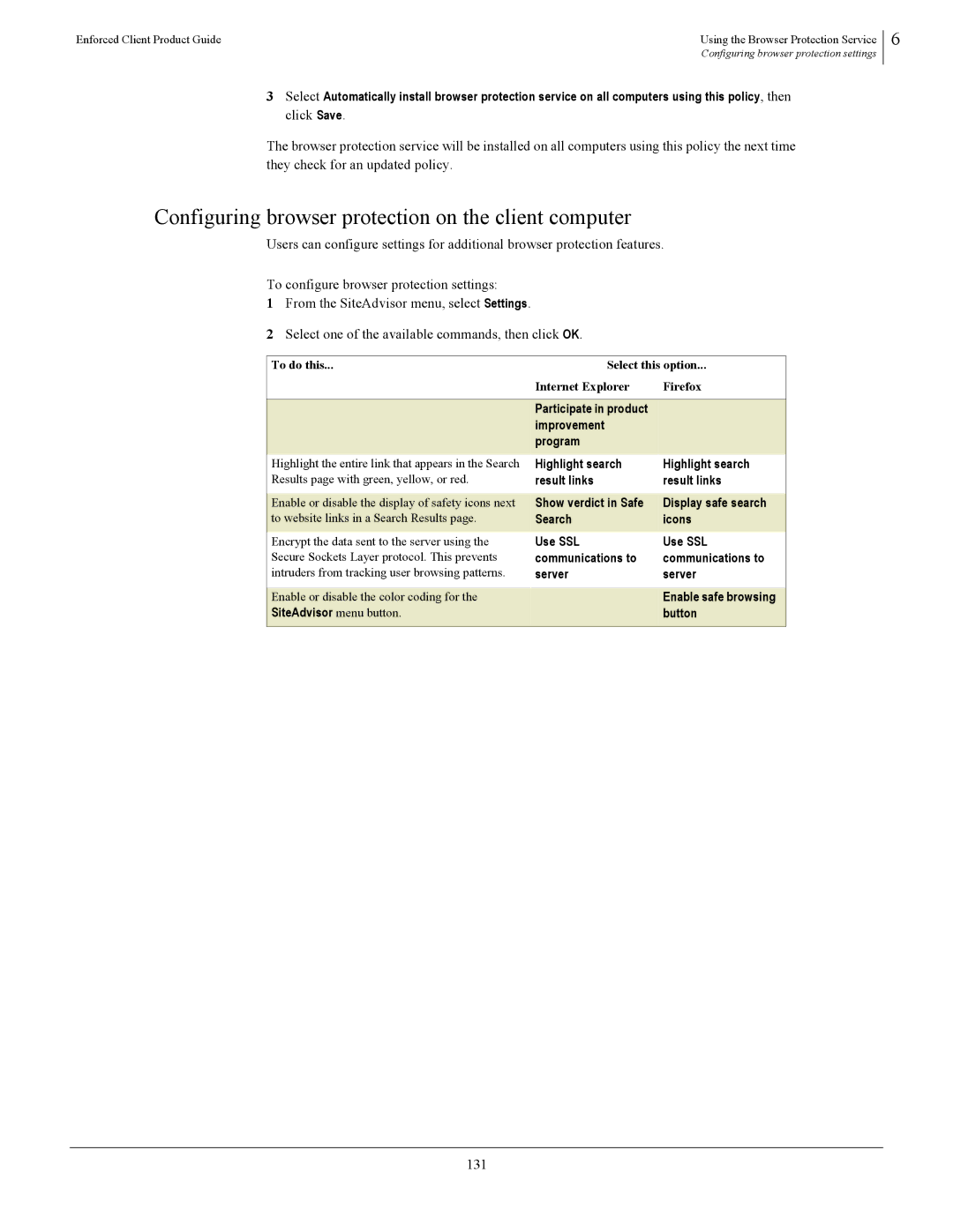 SonicWALL 4.5 manual Configuring browser protection on the client computer, 131 