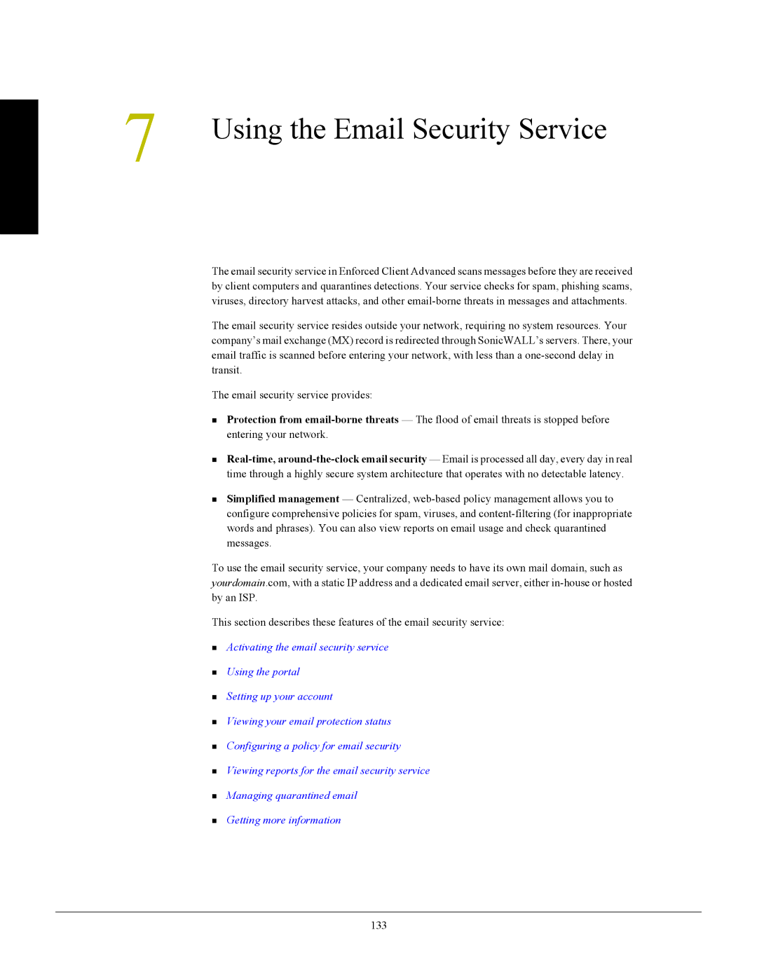 SonicWALL 4.5 manual Using the Email Security Service, 133 