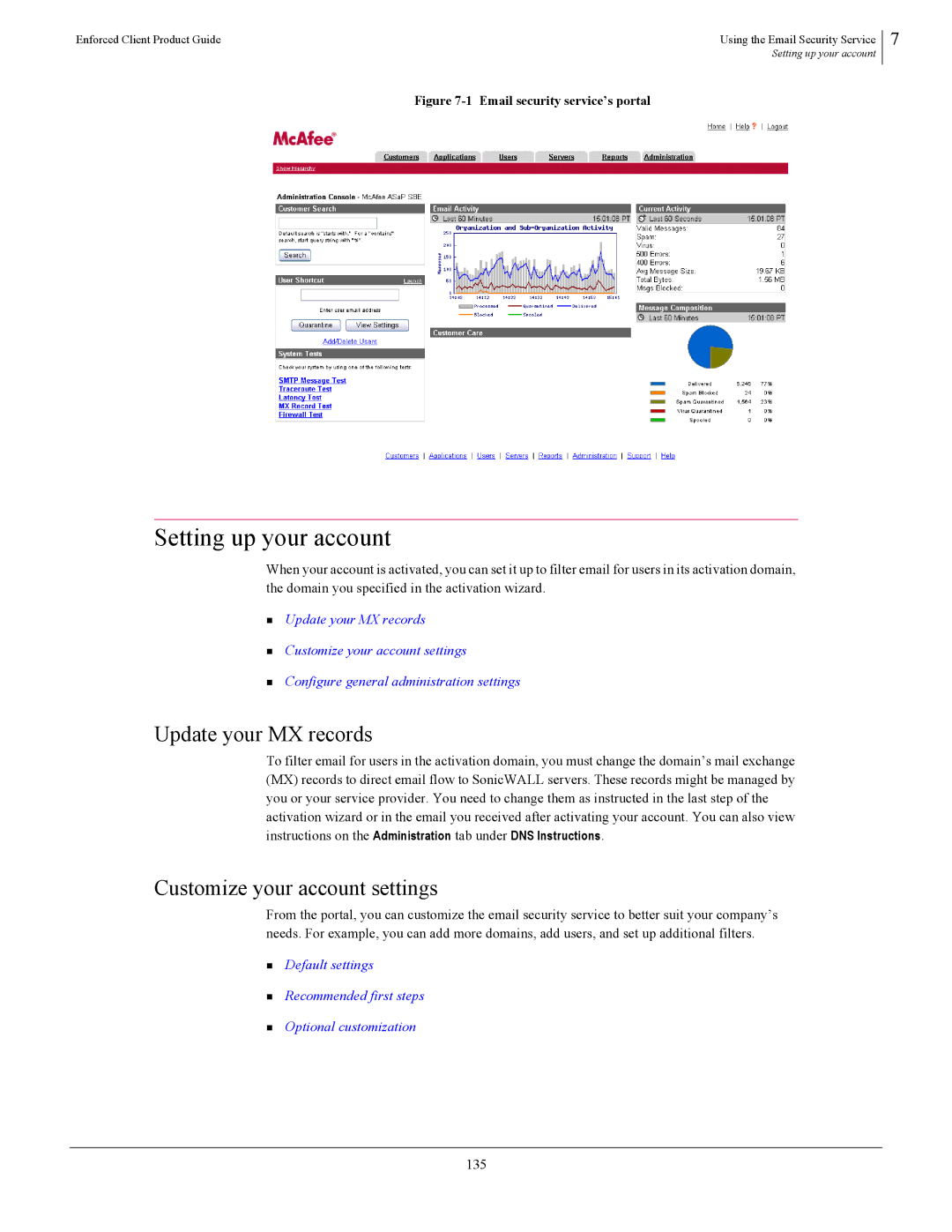 SonicWALL 4.5 manual Update your MX records, Customize your account settings, 135 