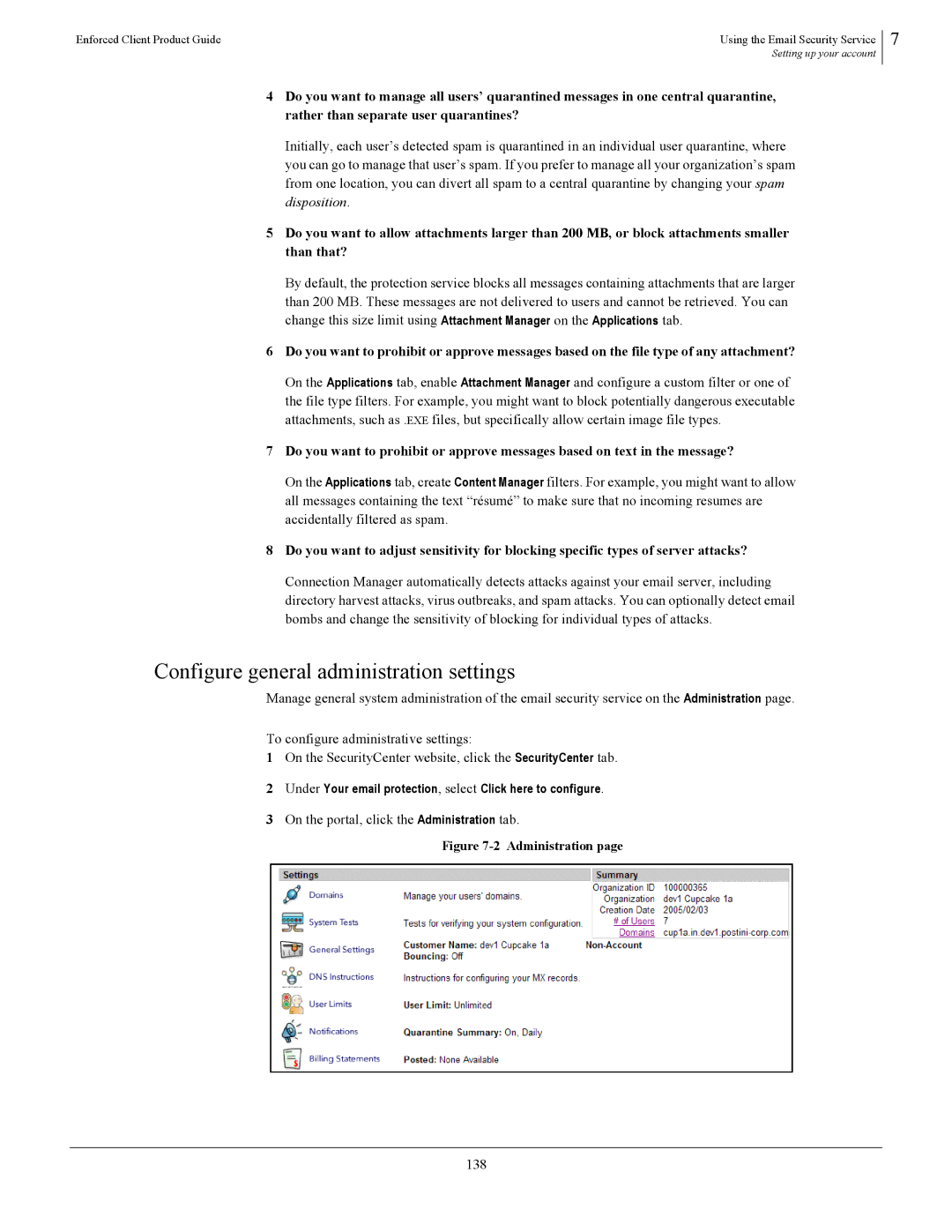 SonicWALL 4.5 manual Configure general administration settings, On the portal, click the Administration tab, 138 